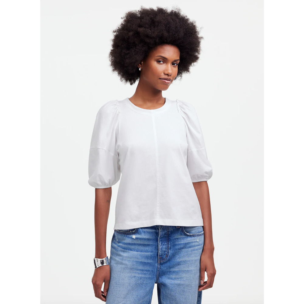 Madewell Puff Sleeve Tee Shirt Cotton Top Relaxed Minimalist Eyelet White XS NWT